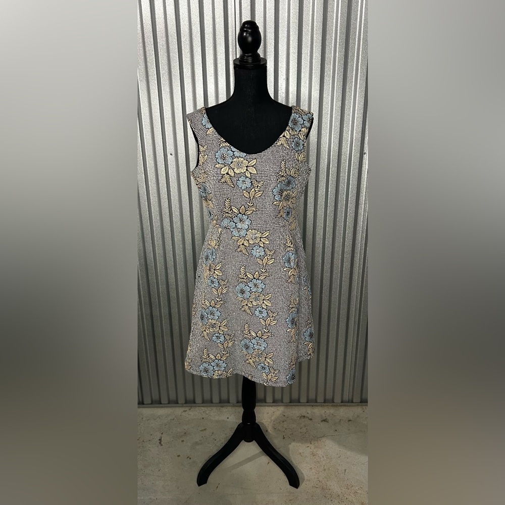 Women’s Designer Molly Bracken Blue Silver Floral Midi Designer Dress Medium